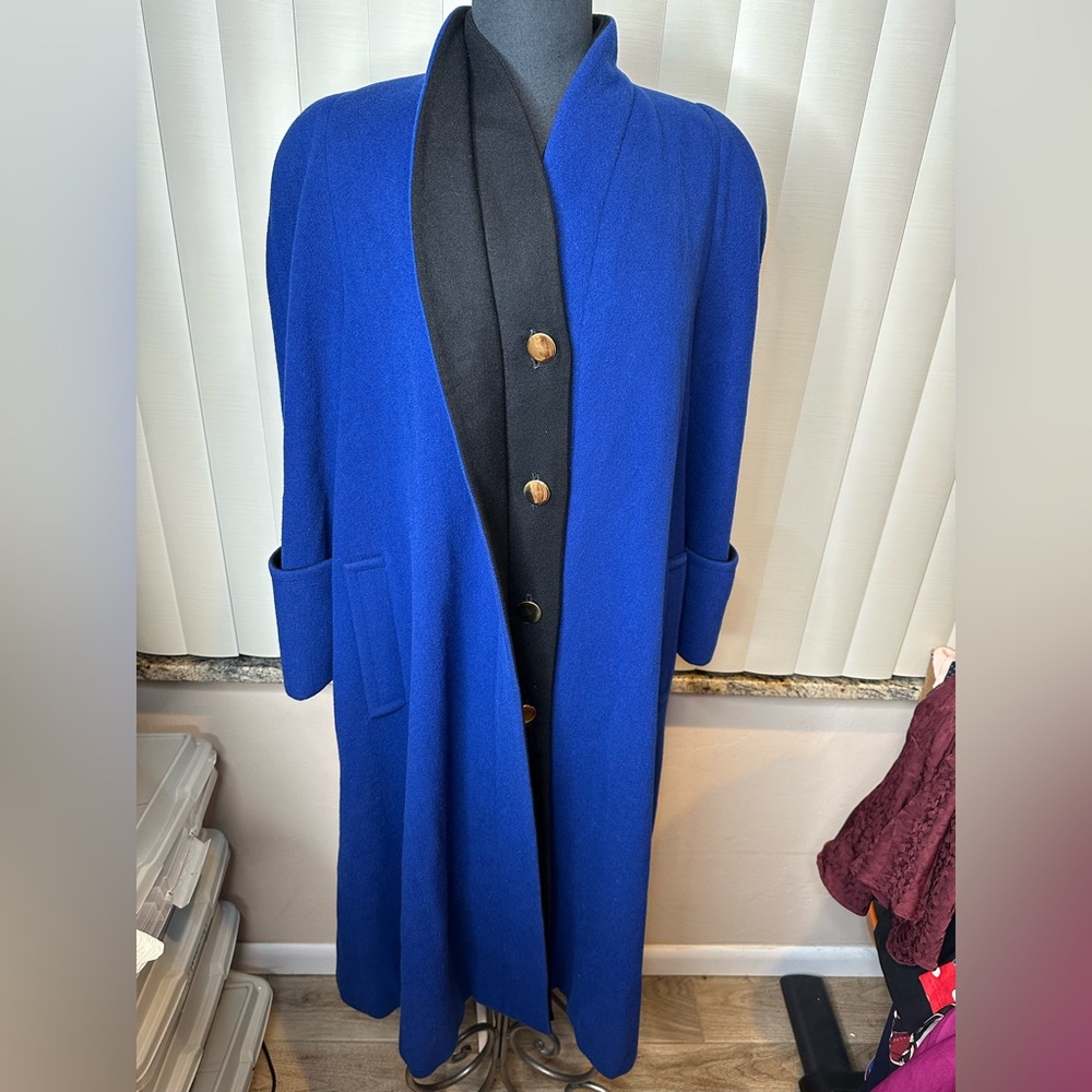 ILIE WACS Vintage Blue Balck Long Wool Coat Union Made Gold Buttons Suze 8